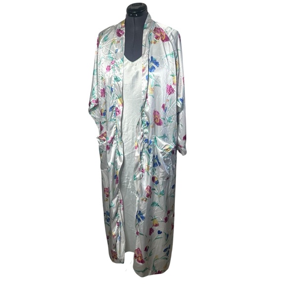 Vintage Christian Dior Blue Trim Satin Slip Dress and Watercolor Floral Robe Set - Picture 1 of 16